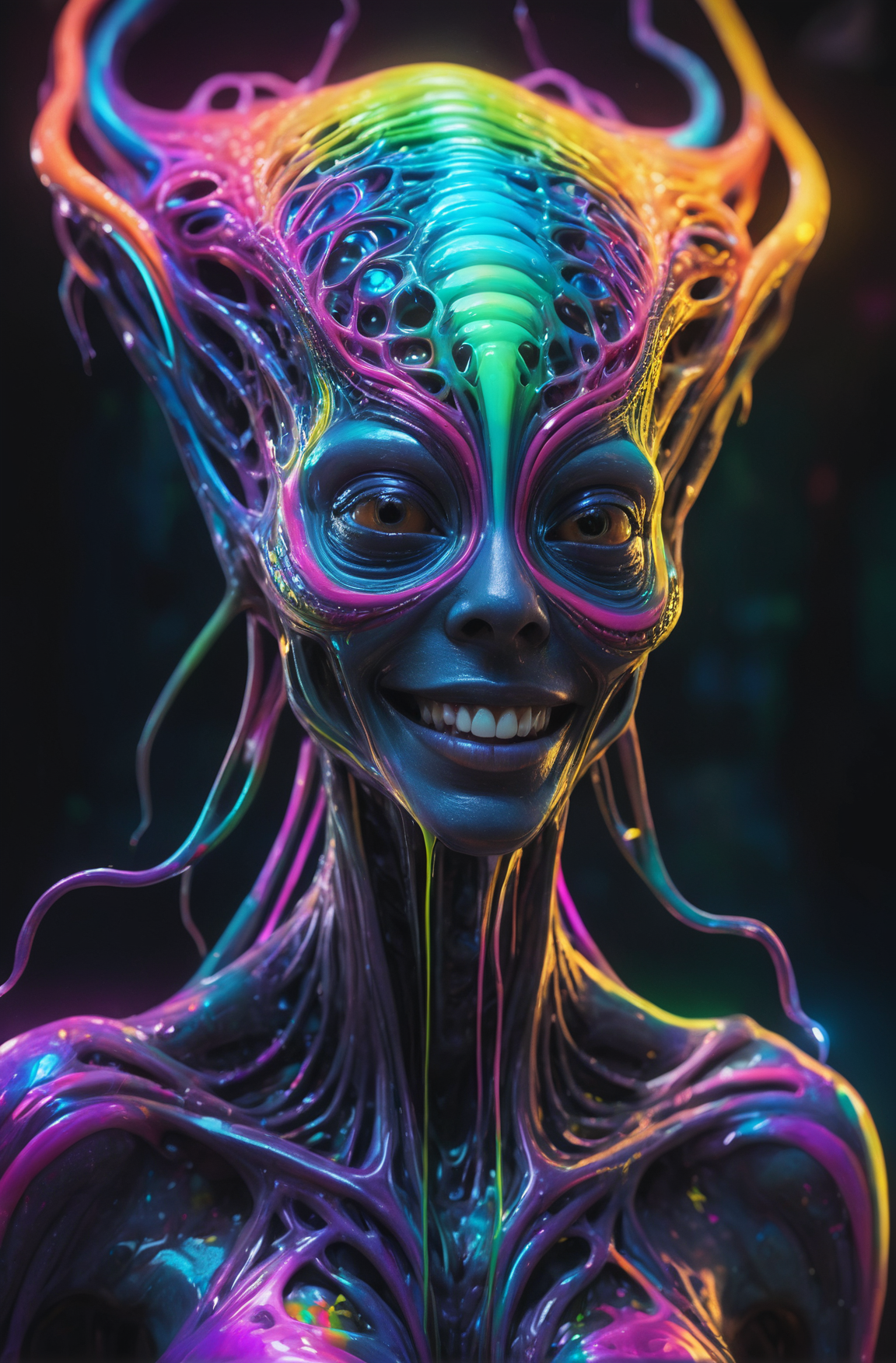 impossibly beautiful portrait of alien shapeshifter entity, insane smile, intricate complexity, surreal horror, inverted n...